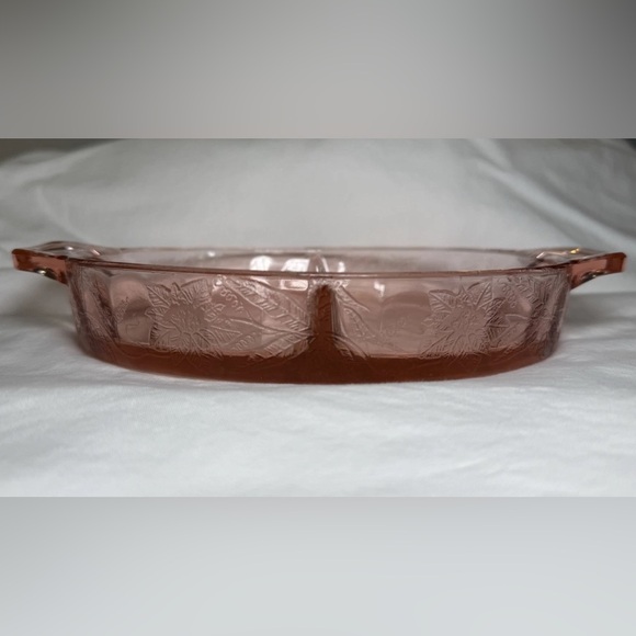Vintage Jeanette Poinsettia Pink Depression Selenium Glass Divided Relish Dish - Picture 7 of 7